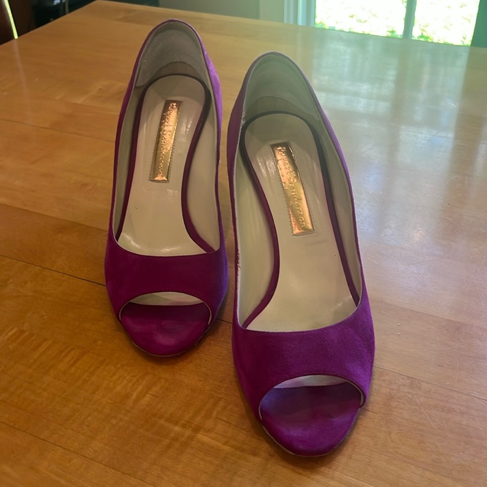 Rupert Sanderson fuchsia suede peep toe pump